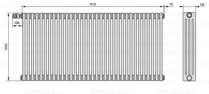 Схема (чертеж) Радиатор Zehnder Charleston 4300/33 №V011 Белый глянцевый RAL 9016